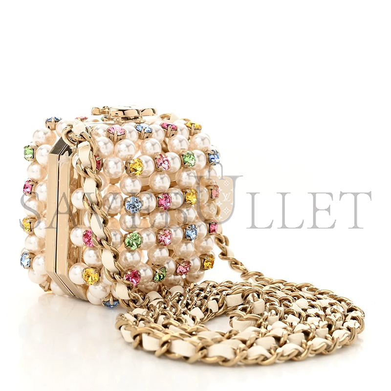 CHANEL MASTER METAL PEARL MINAUDIERE CC MINI EVENING BAG WHITE GOLD MULTICOLOR (8*7*7cm)